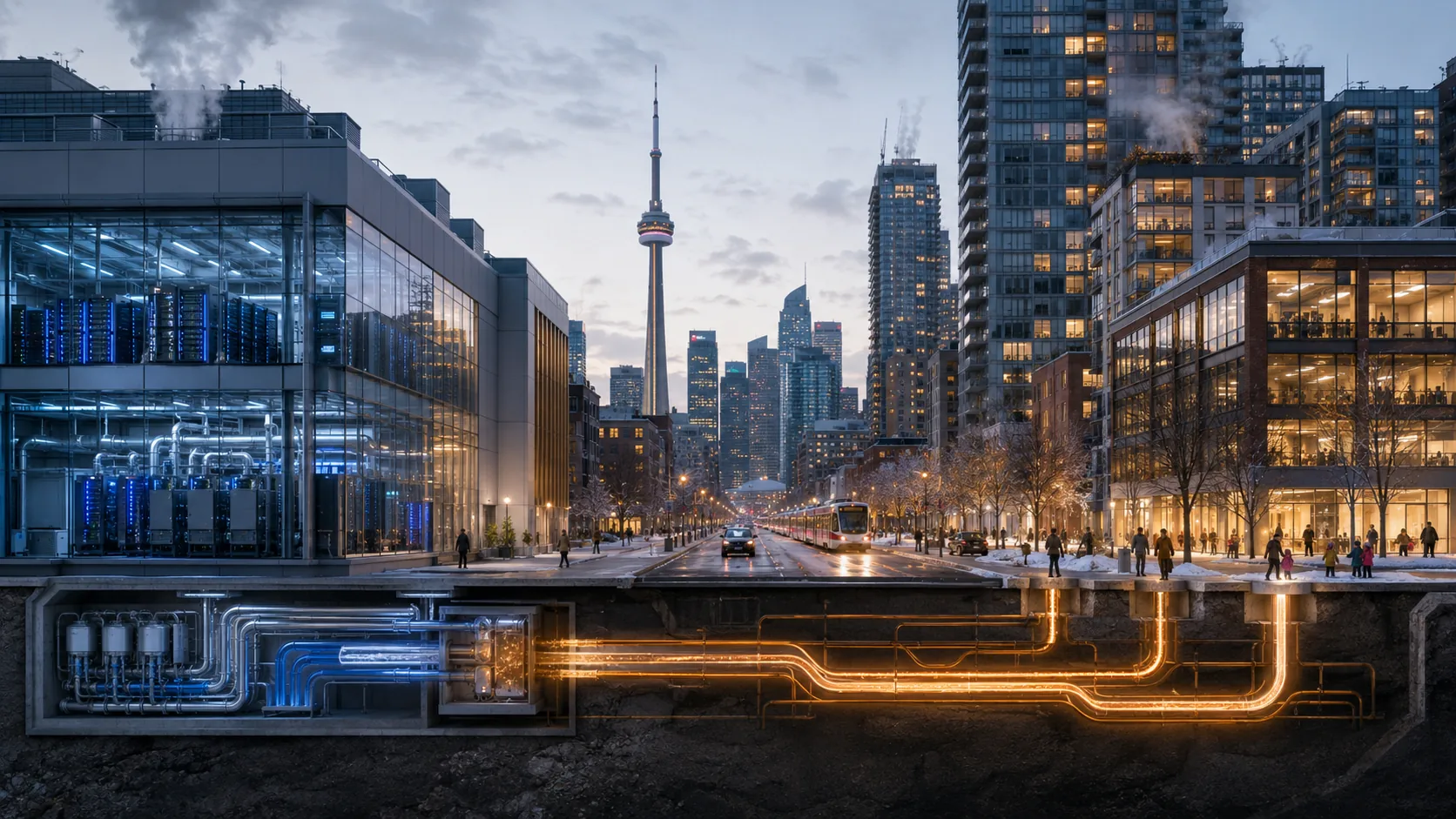 A cutaway view of Toronto civic infrastructure, data centres, pipes and glowing networks under the city.