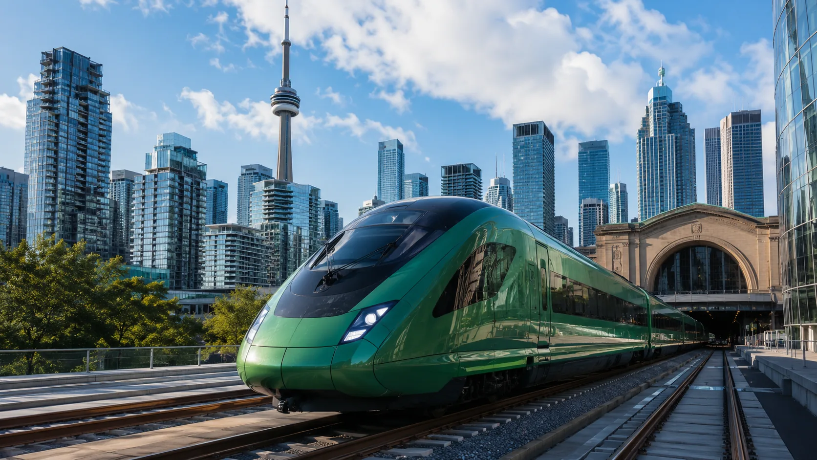 A green high-speed train at Union Station with the Toronto skyline behind it.