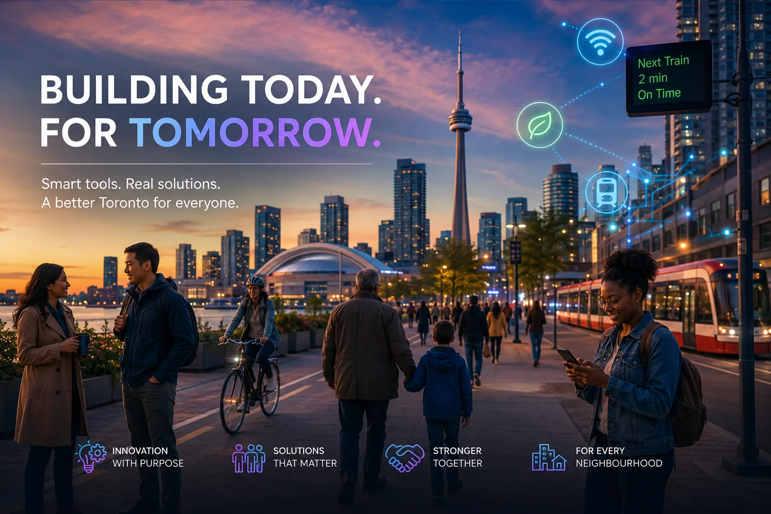 Toronto waterfront at sunset with people, transit, digital civic icons and a building today for tomorrow message.