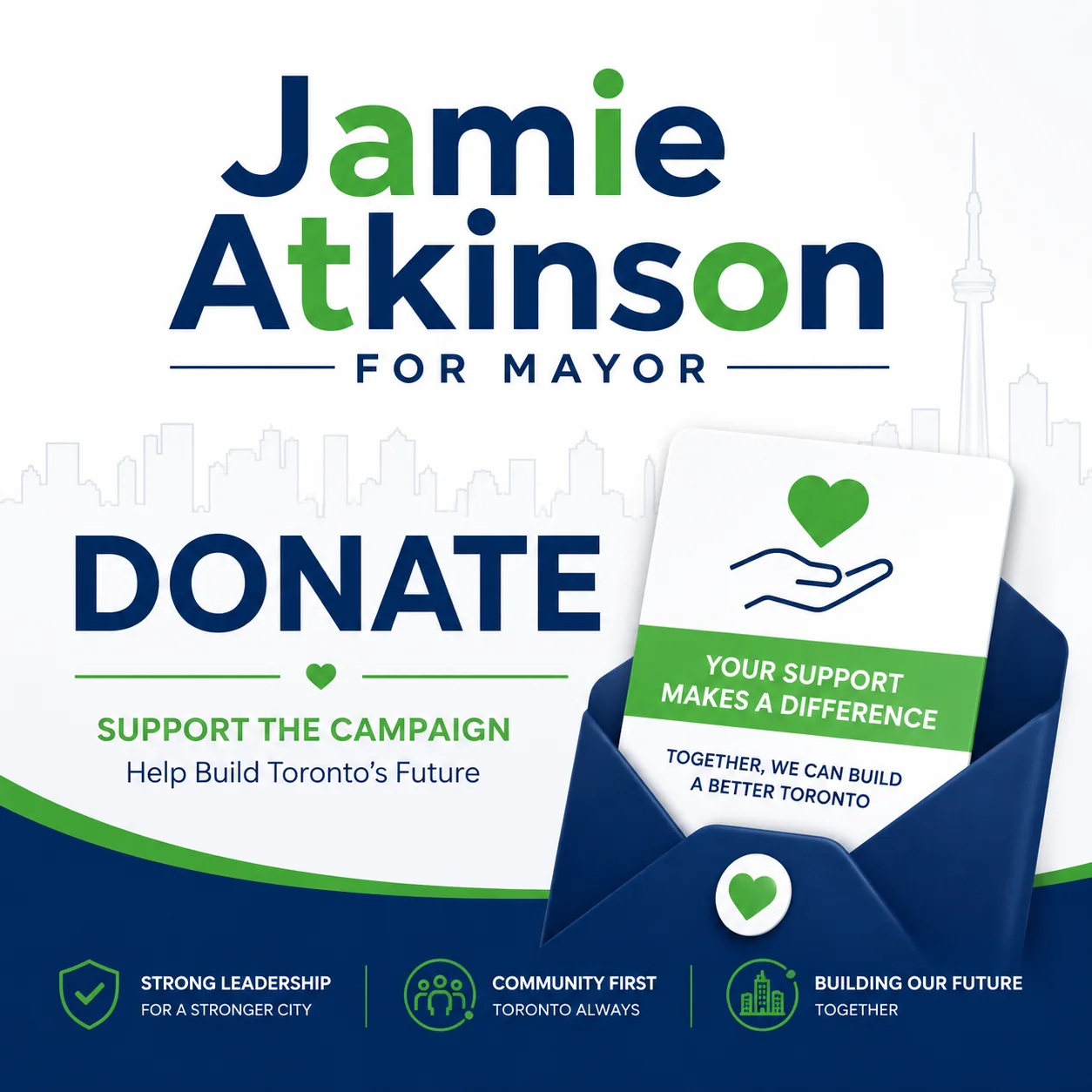 A clean Jamie Atkinson for Mayor donation graphic with a card, envelope and campaign icons.