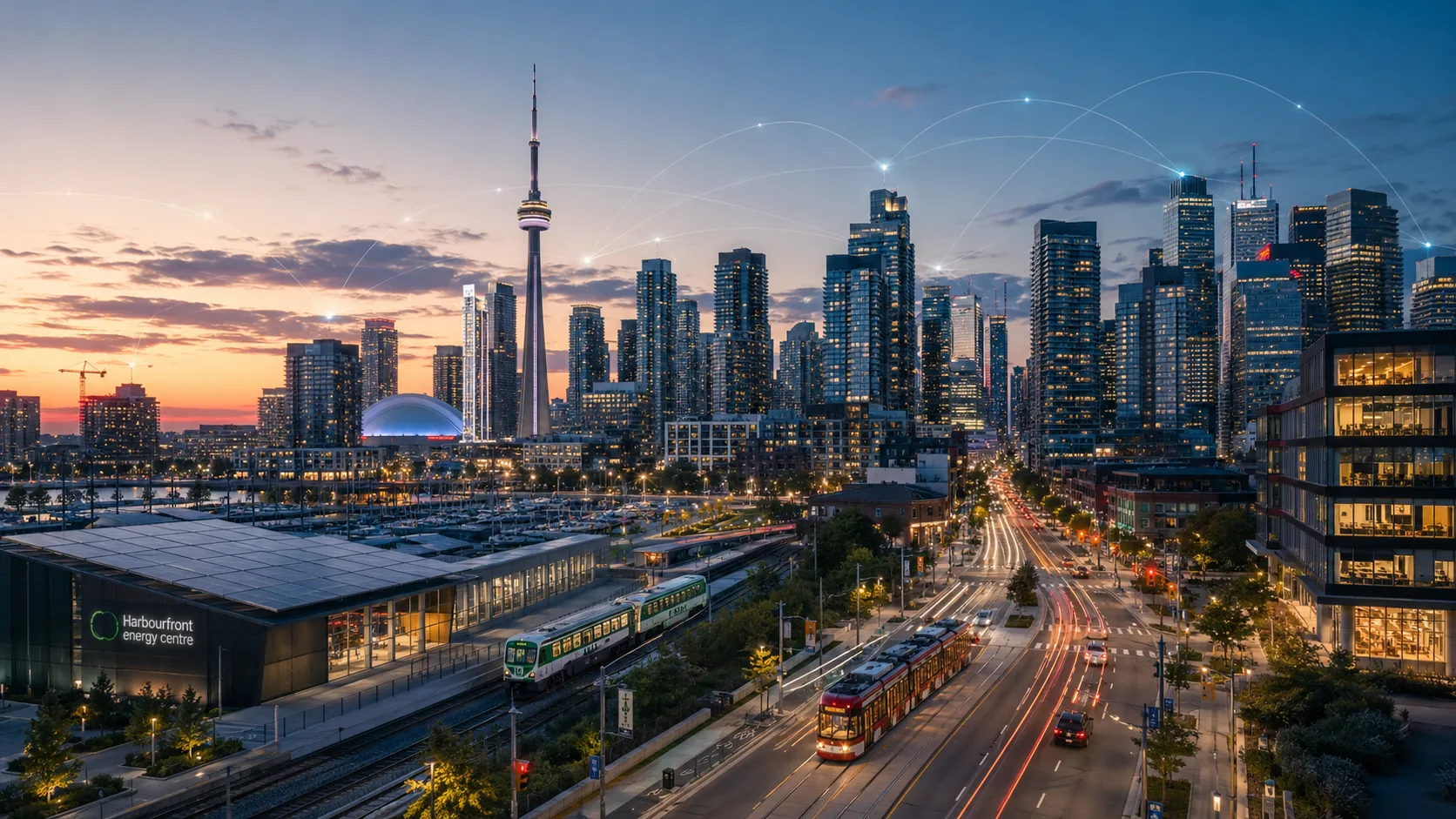 Toronto harbourfront at sunset with transit, clean energy, connected buildings and the skyline.