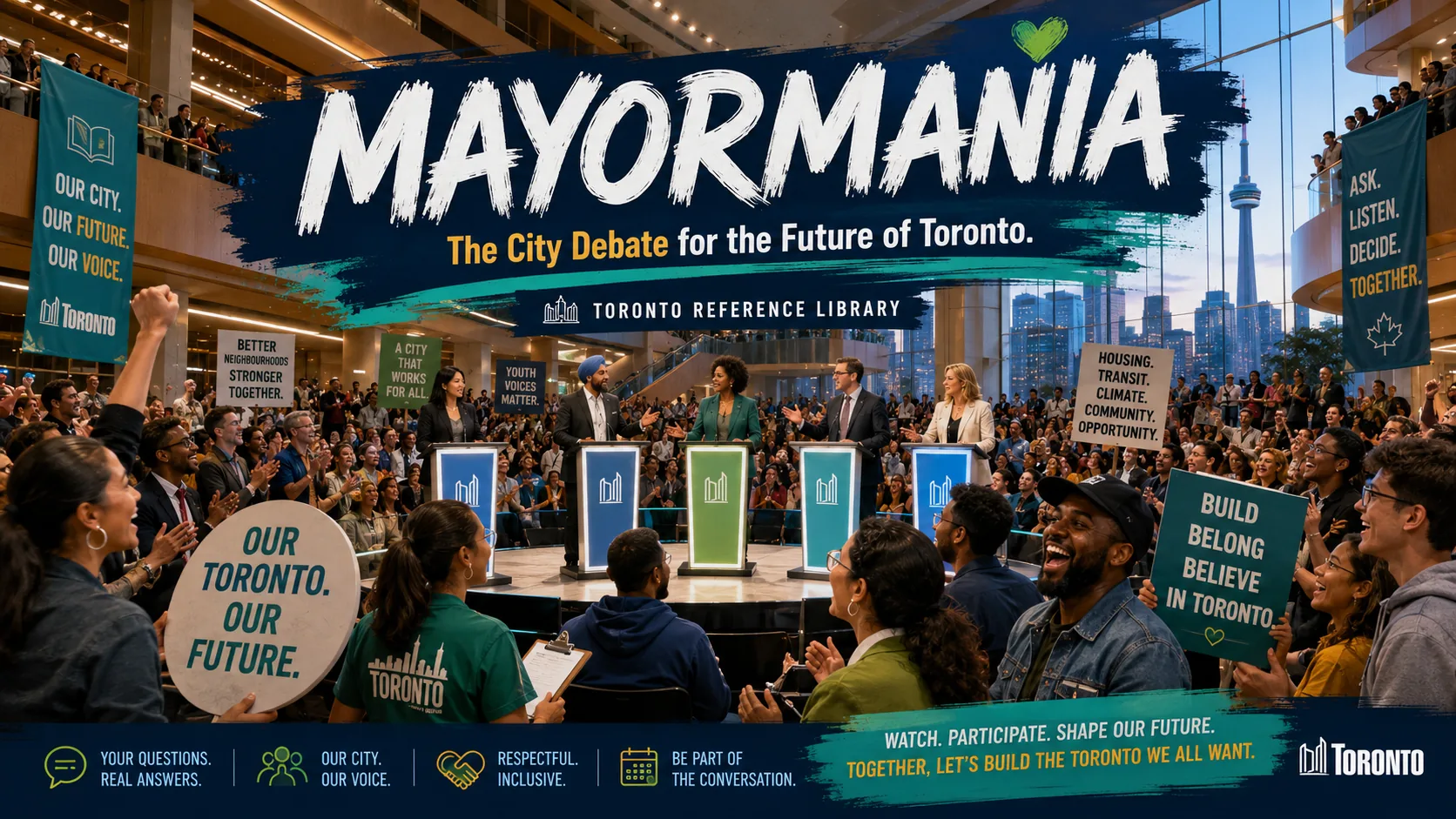 A packed Toronto civic debate called MayorMania at Toronto Reference Library.