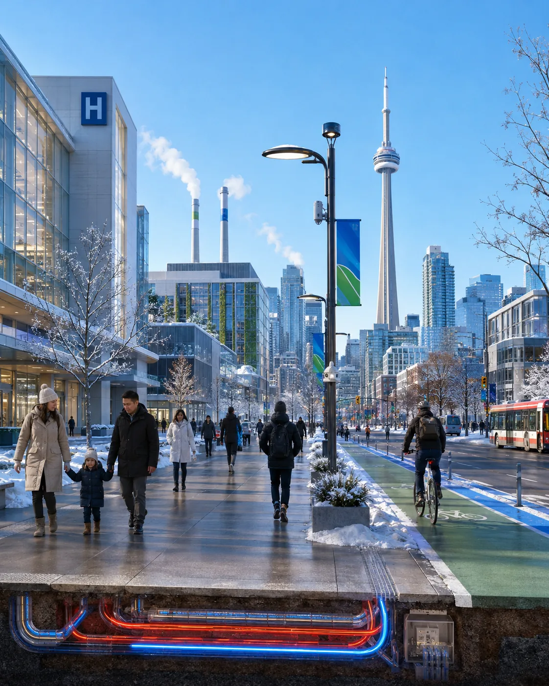 Winter Toronto street with a cutaway of underground heated infrastructure and resilient city systems.
