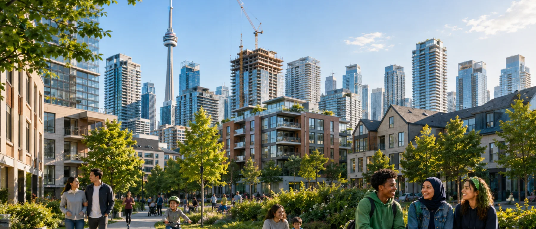 A complete Toronto neighbourhood with homes, public space and the skyline
