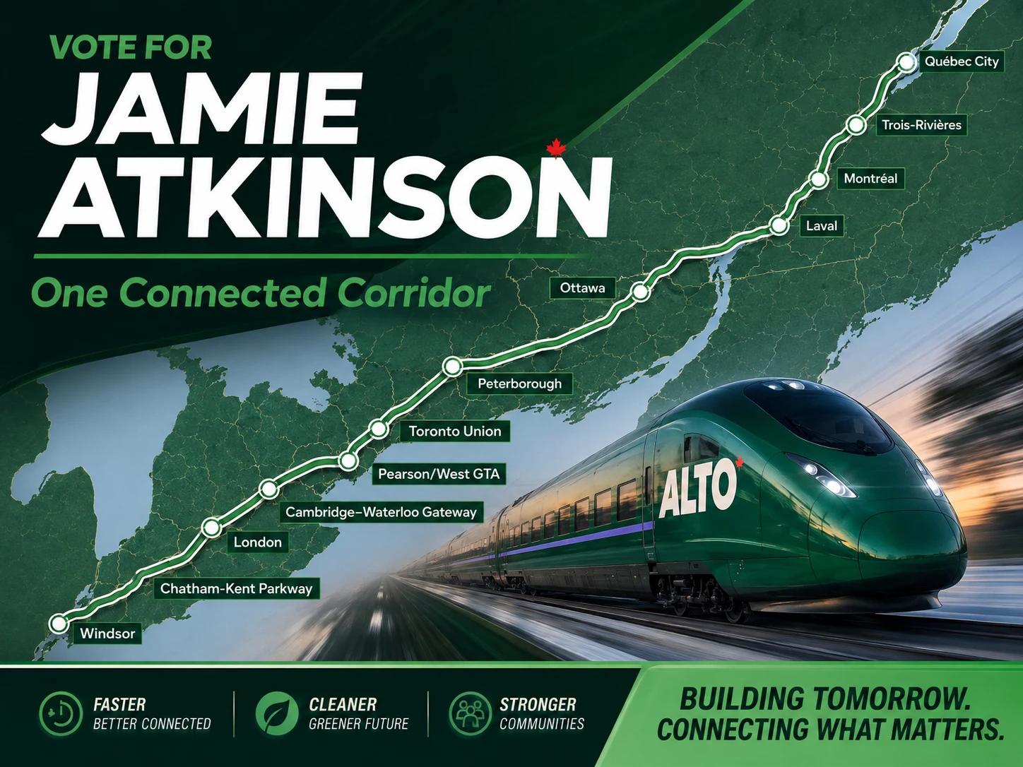 Jamie Atkinson campaign concept showing one connected high-speed rail corridor from Windsor through Toronto to Québec City