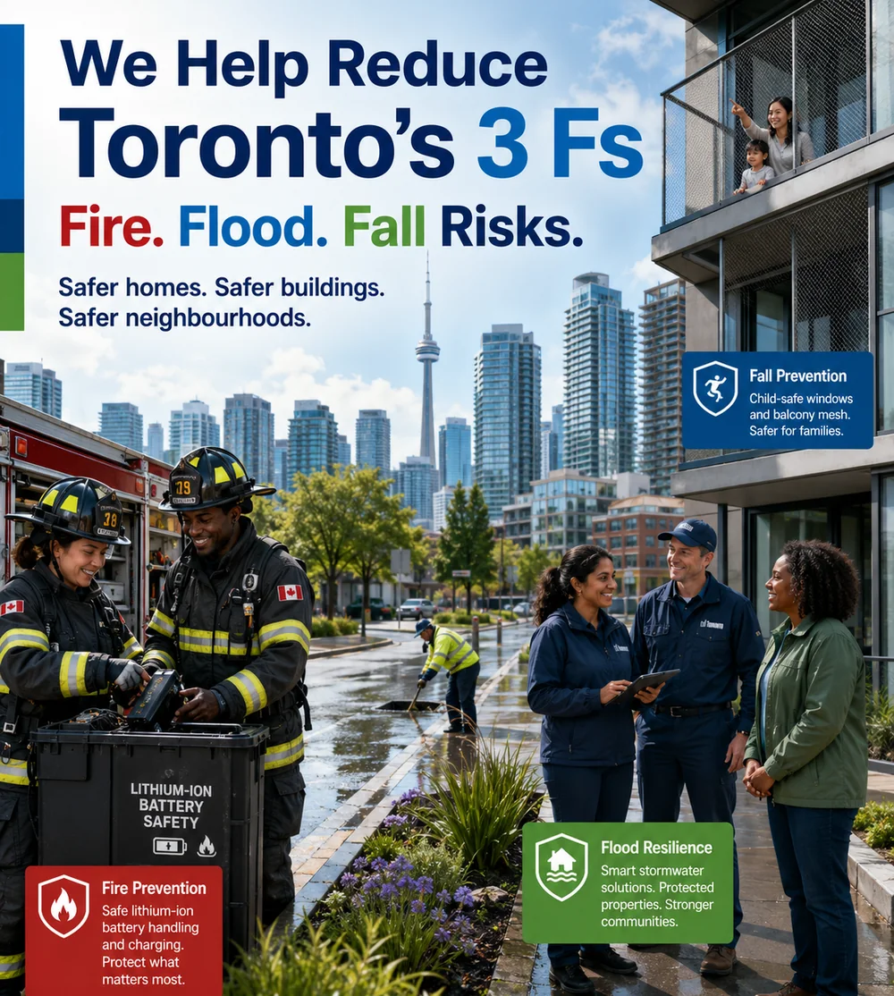 Campaign concept illustrating coordinated fire, flood and fall prevention
