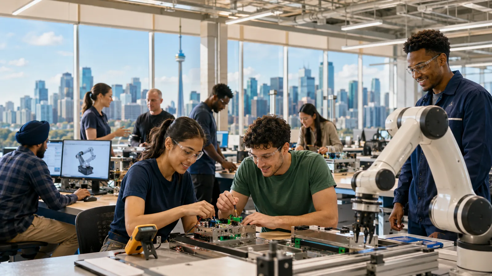 Toronto workers learning robotics and advanced manufacturing in a bright training lab