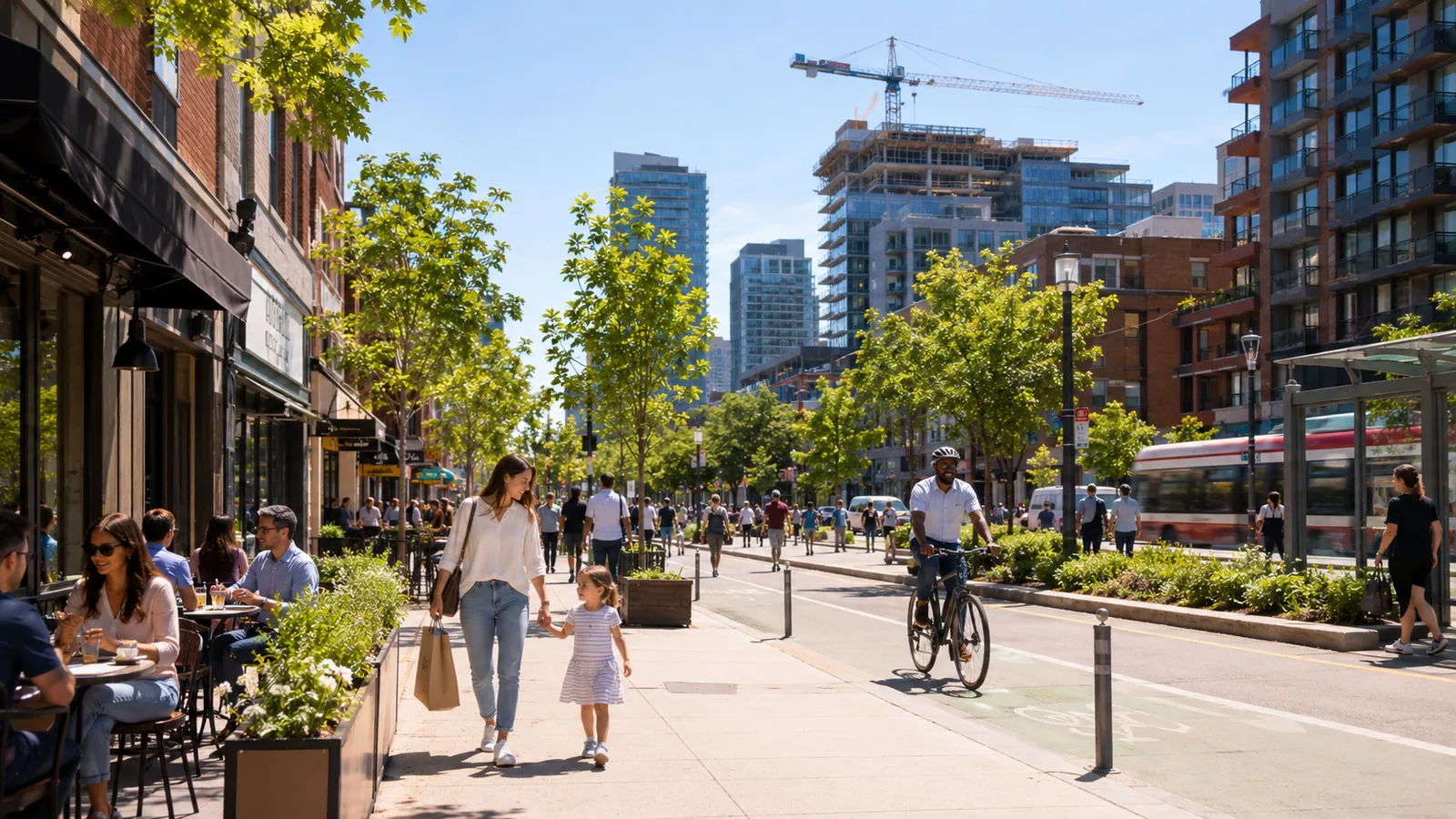 A bright Toronto neighbourhood with homes, shops, trees, cycling and transit